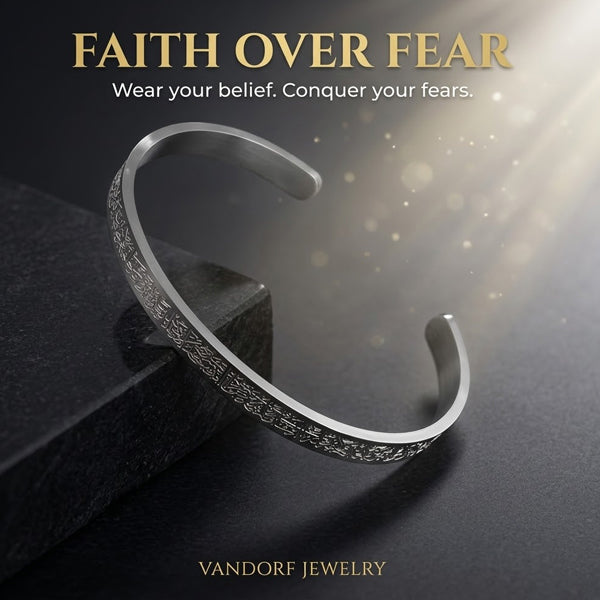 The "Faith Over Fear" Inscribed Cuff – Titanium Islamic Bracelet